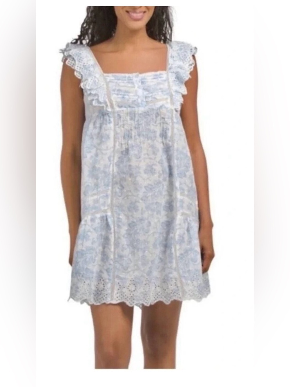 Rachel Ashwell Shabby Chic Blue & White Toile Cotton Ruffle Eyelet Nightgown L